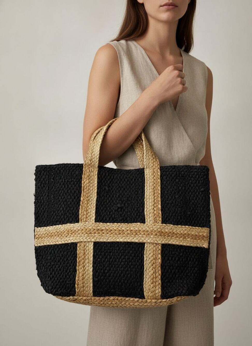 Handmade Suede & Raffia Braided Tote Bag, OS